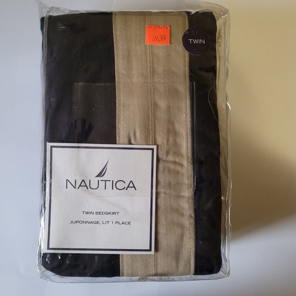 Nautica TWIN Bed Skirt, Tan and Black, 100% Cotton